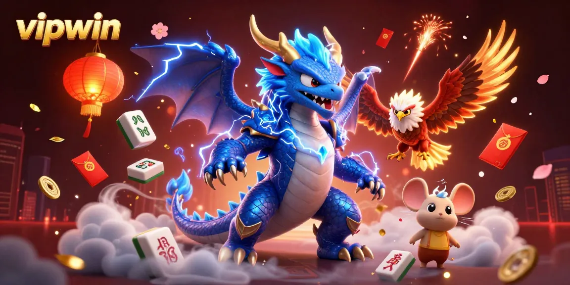 Experience thrilling gameplay with vipwin in this vibrant casino scene featuring a thunder dragon and mahjong tiles.