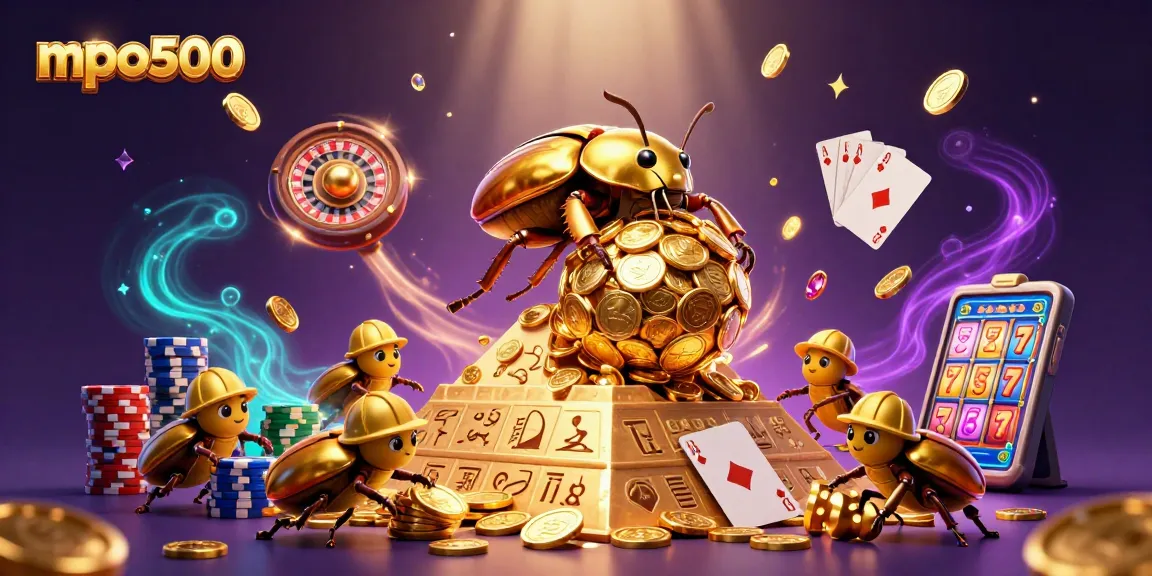 Engage with mpo500's vibrant 3D casino scene featuring golden beetles and a dynamic casino atmosphere.