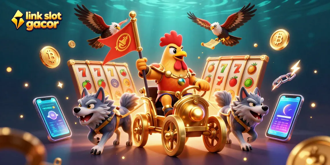Putar slot gacor yang menarik dengan gambar karakter 3D ayam jantan dan elemen kasino.