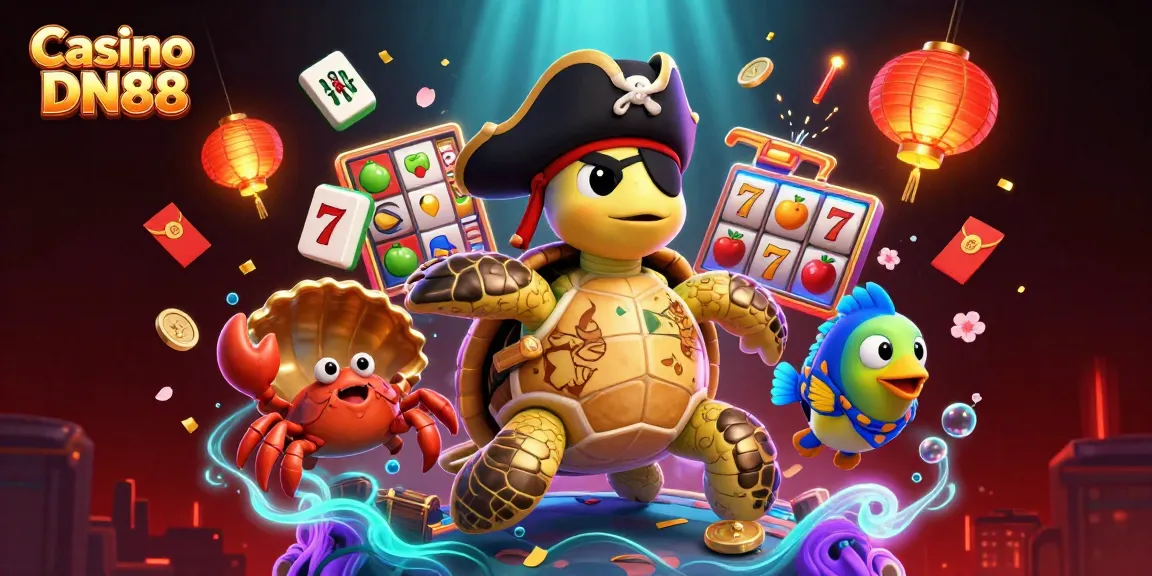 Engage with Casino DN88's vibrant 3D illustration featuring a pirate turtle, hermit crab, and parrotfish amidst floating treasures.