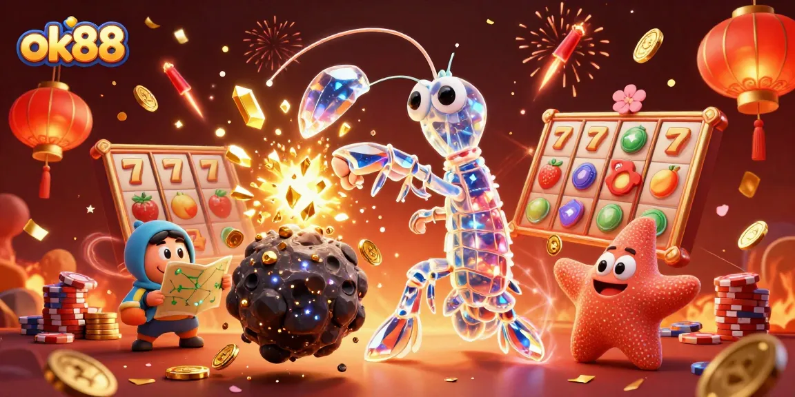 Engage with exciting games at ok88, showcasing explosions of gems and coins in a vibrant casino scene.