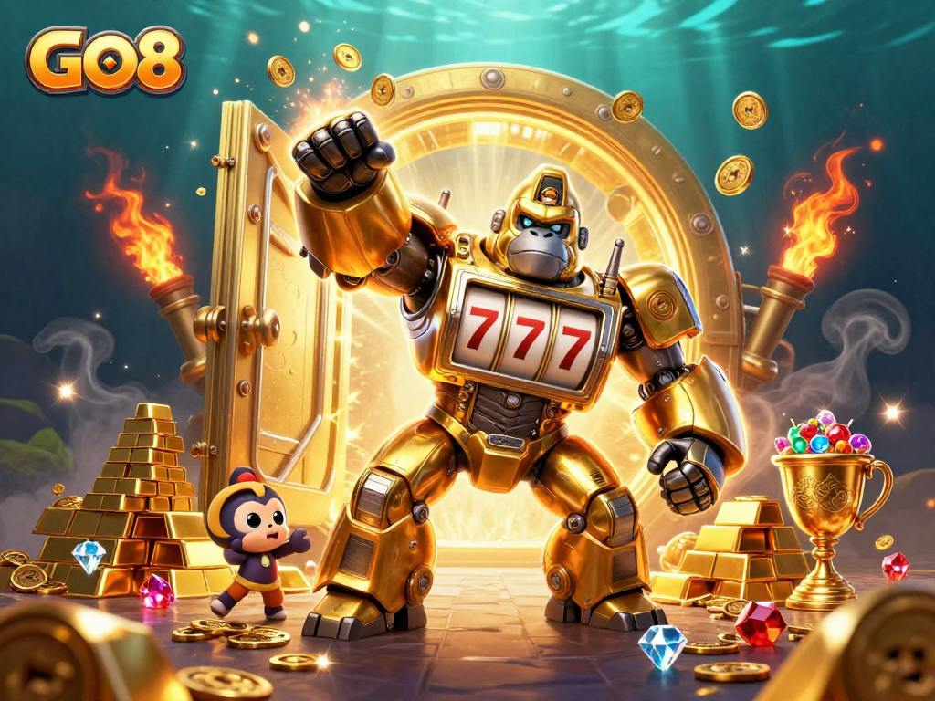 Engage in dynamic gameplay at GO8 with a golden gorilla mech and treasure vault scene.