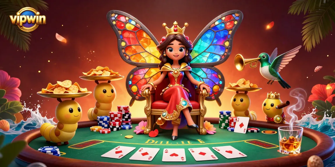 Join the thrilling action at vipwin with a dazzling butterfly queen amidst vibrant poker elements.