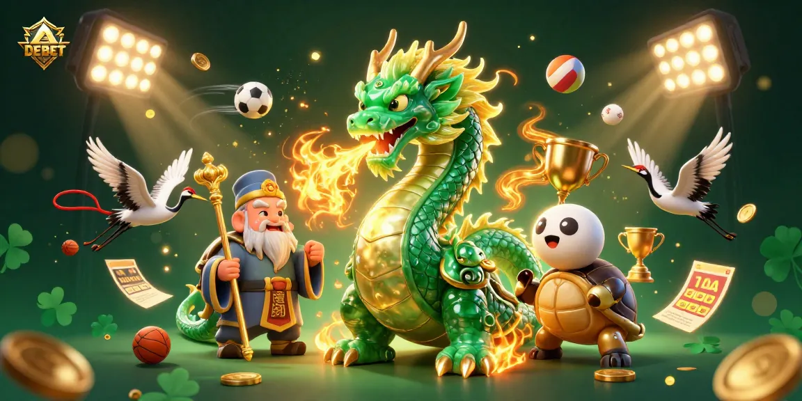 Experience DEBET with a vibrant 3D illustration showcasing a jade dragon, turtle sage, and lucky cranes alongside sports elements.
