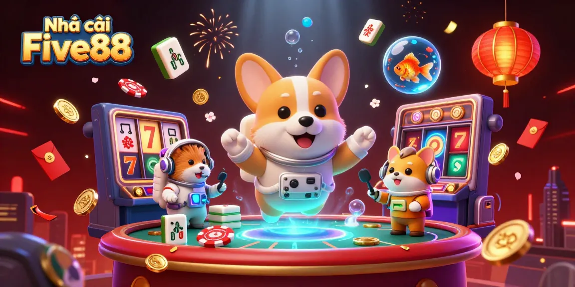 Experience the thrill of Nhà cái Five88 in a vibrant zero-gravity casino scene with characters and gaming elements.