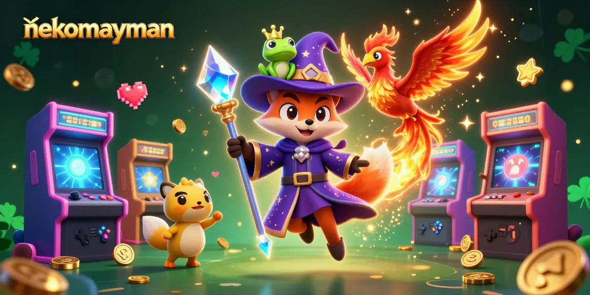 Engage with nekomayman, a vibrant slot game scene showcasing a wizard fox, phoenix, and rich casino visuals.