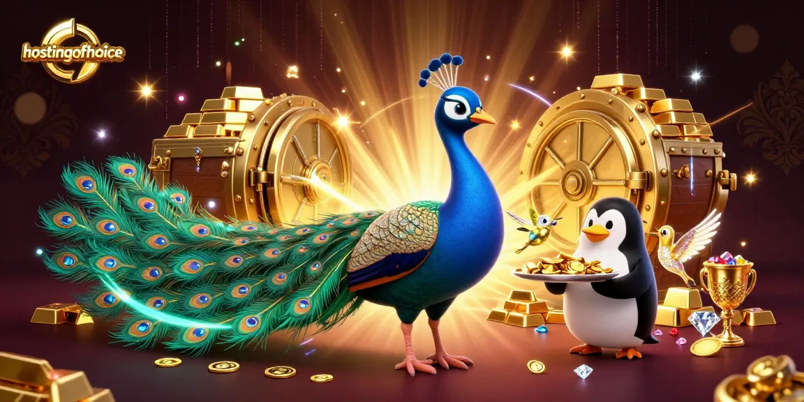 Engage with hostingofchoice in a vibrant casino scene showcasing a peacock and golden treasures.