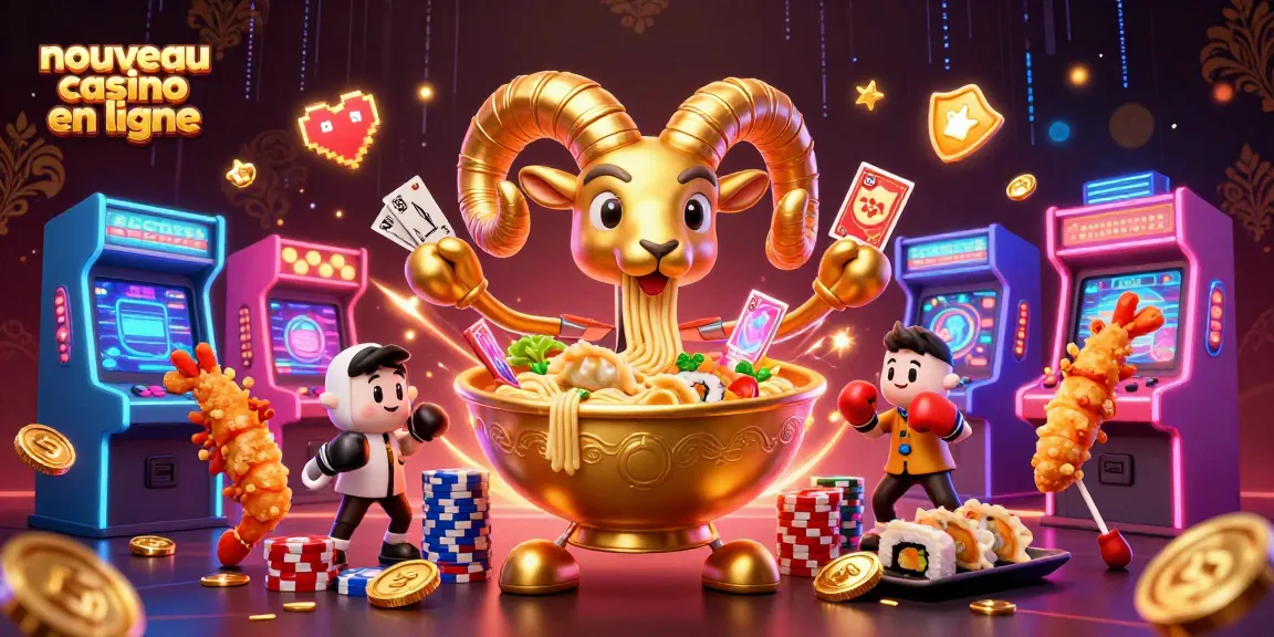 Illustration dynamique d'un nouveau casino en ligne avec un bol de ramen géant et des personnages jouant avec des cartes