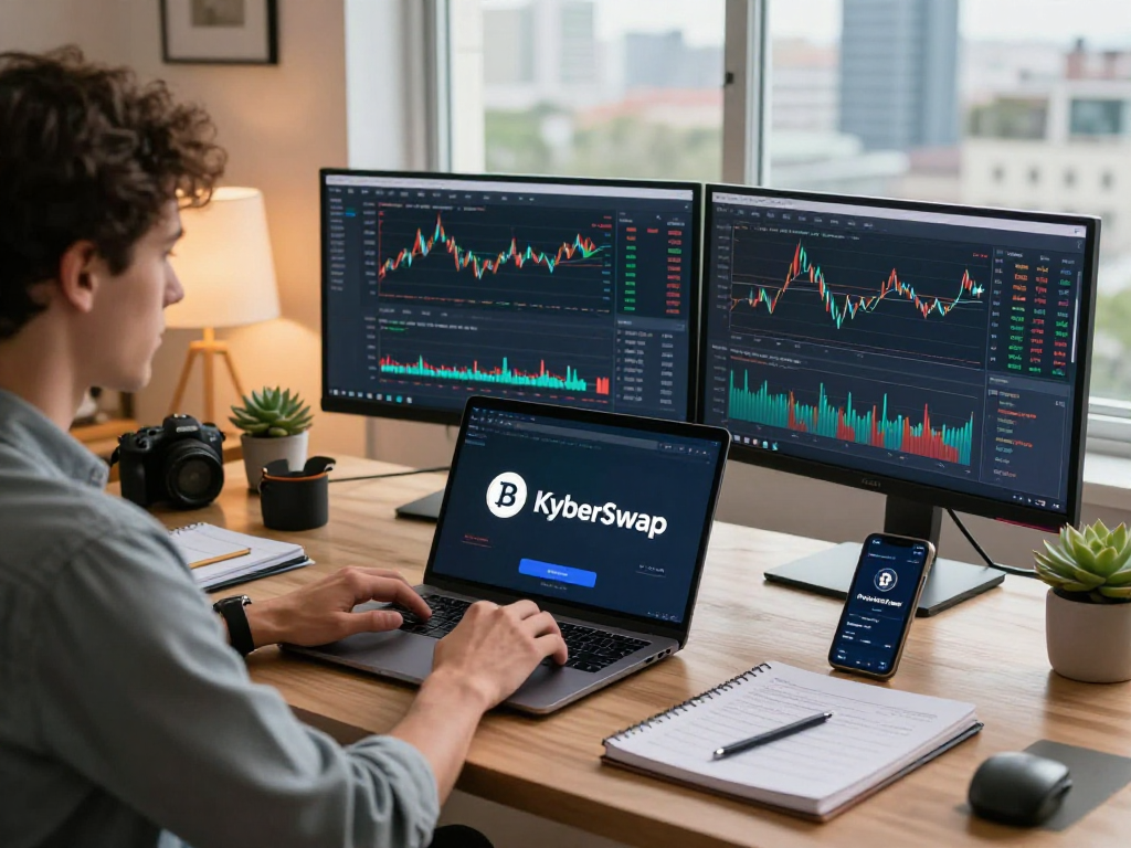 Kyber-swap trading in a stylish home office with live market data and analysis notes.
