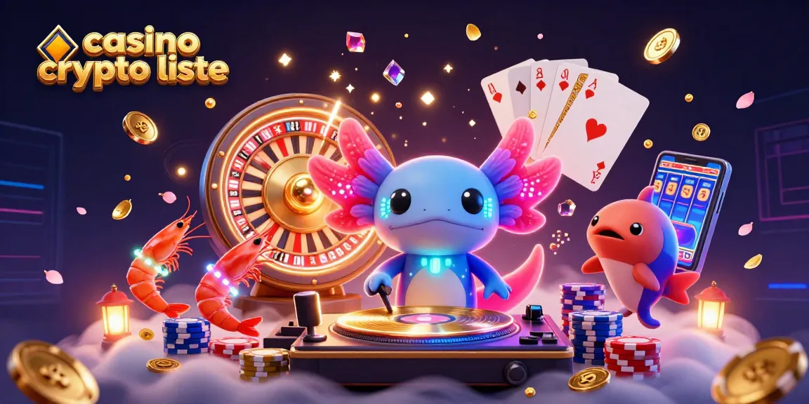 Jouez à vos jeux préférés sur une liste de casinos crypto avec un DJ axolotl et une ambiance colorée.