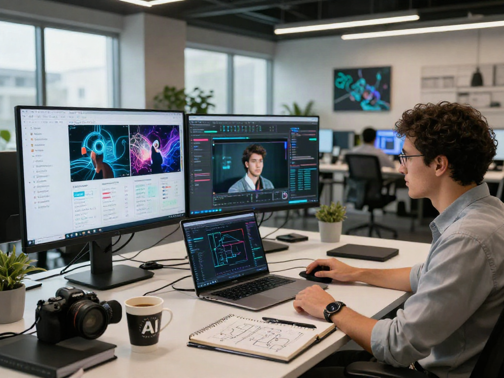 AI-Generated Image Detection workflow in a modern office featuring advanced analytics.