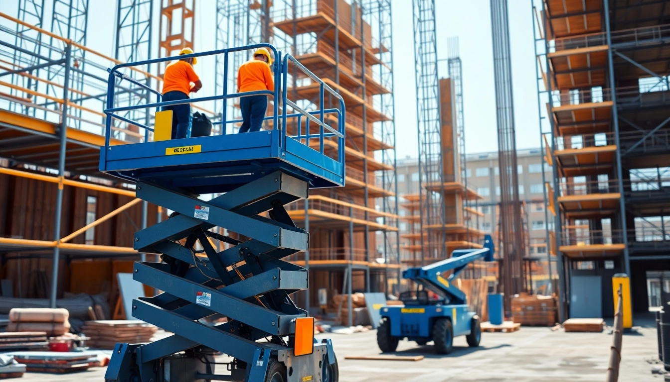Workers efficiently utilizing a scissor lift on a busy construction site.
