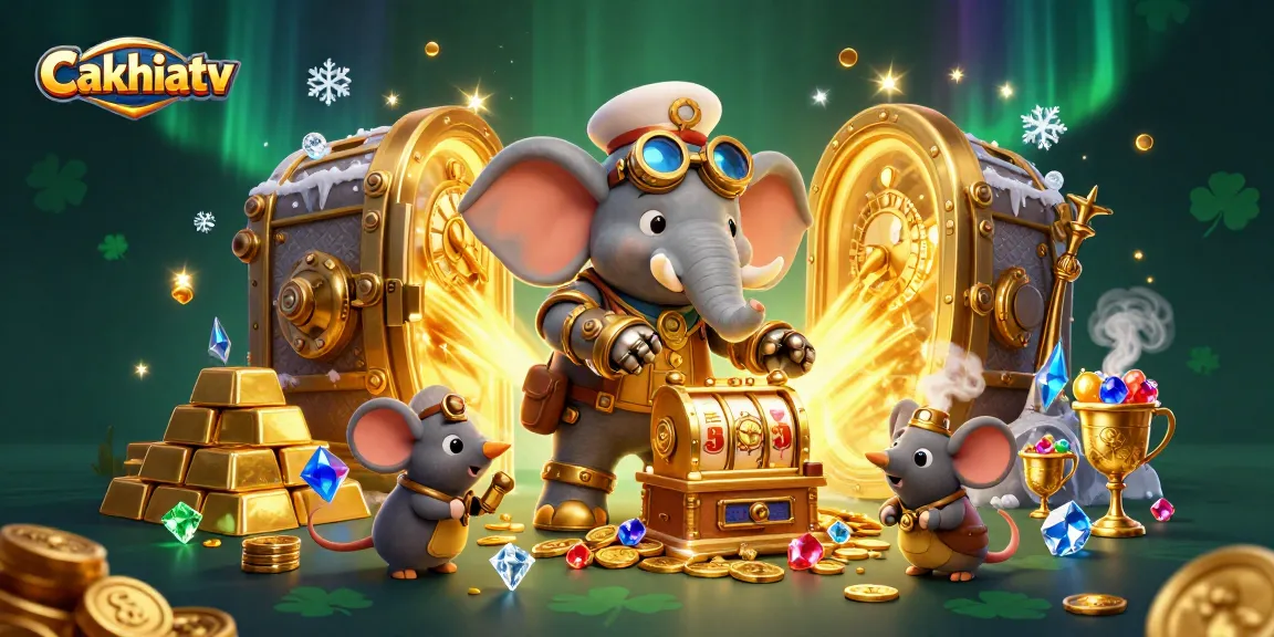 Cakhiatv showcases a lively steampunk casino scene with vibrant characters, gold treasures, and dynamic elements.