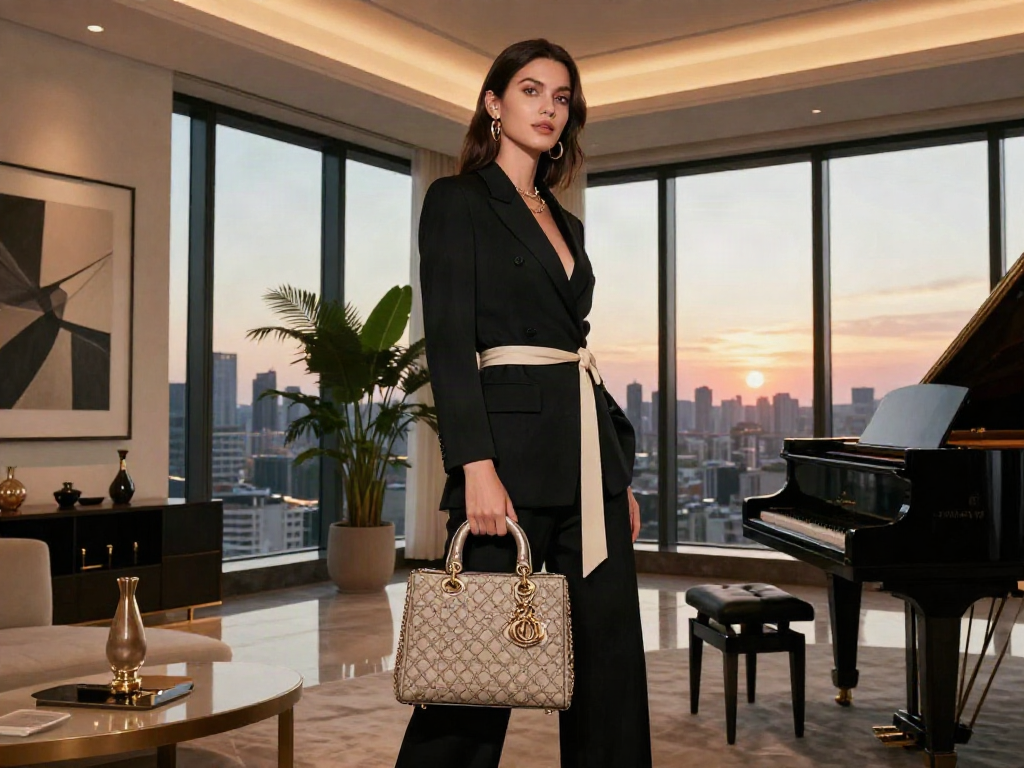 Model bergaya mewah dengan luxury111 di penthouse mewah, menampilkan aksesori glamor dan pemandangan kota.
