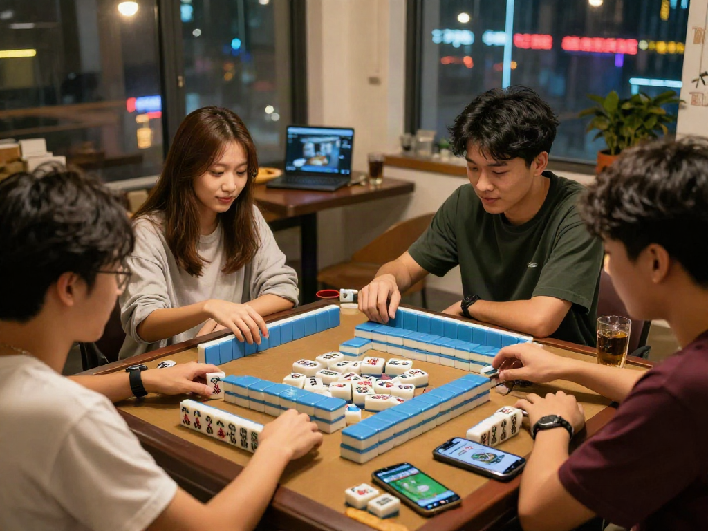Friends enjoying MAHJONGJP88 dengan deposit QRIS in a vibrant gaming scene.