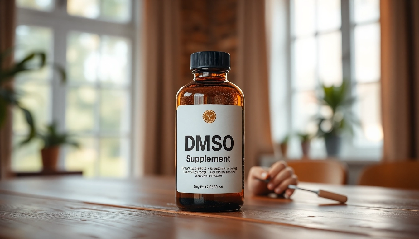Showcase of a DMSO supplement bottle highlighting its benefits in a warm, inviting ambiance.