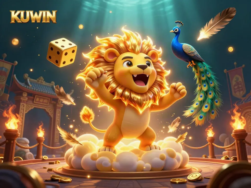 Kuwin players celebrate a jackpot win with vibrant 3D characters and casino elements.