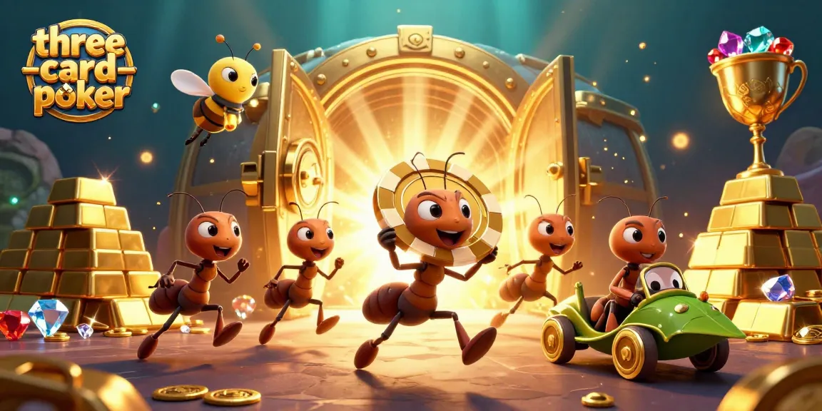 Engaging scene of three-card-poker heist with ants, firefly, and grasshopper amidst golden treasures.