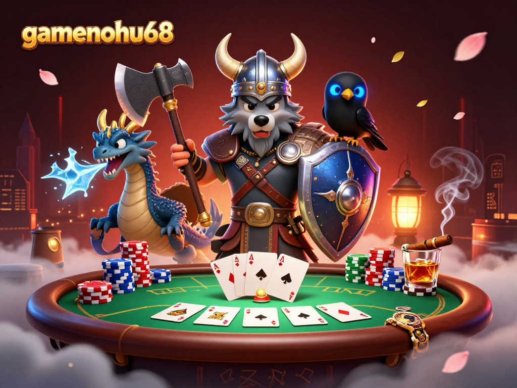 Engage with gamenohu68 through thrilling poker action featuring a Viking wolf warrior, dragon, and raven.