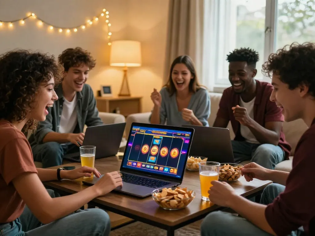 Friends enjoying slot online games on a laptop in a cozy living room.