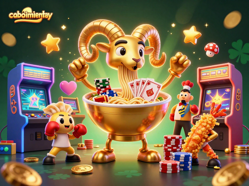 Crawl through the thrilling caoboimientay experience, where a golden ramen bowl shuffles cards amidst vivid casino action.
