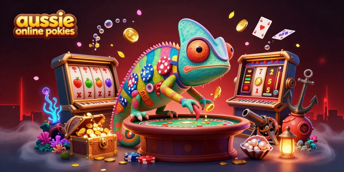 Engage with aussie online pokies as a colorful chameleon casino owner captures coins amid vibrant game scenes.