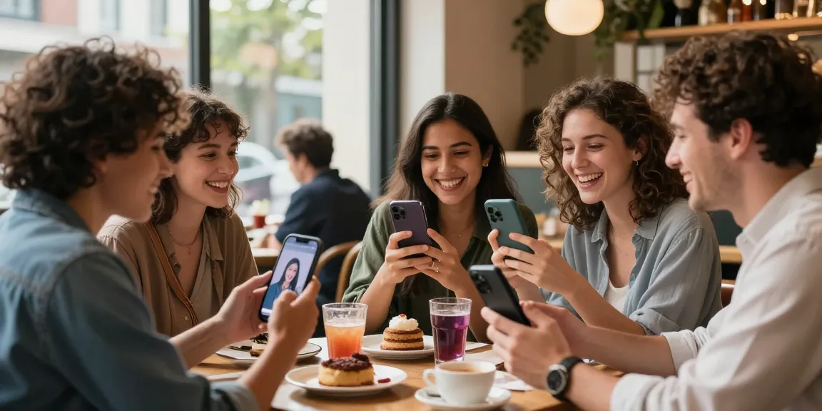 Friends interacting in a café while taking the test of attractiveness through a smartphone, showcasing modern beauty standards.