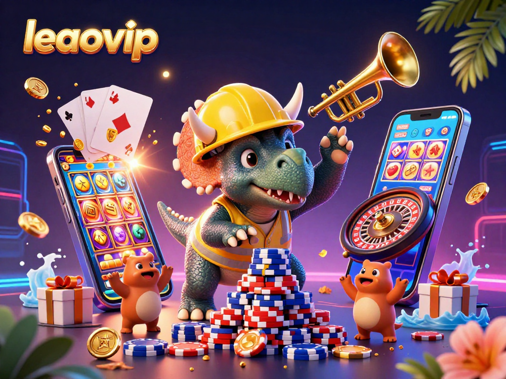 Permainan judi di leaovip dengan triceratops membangun menara chip poker, dikelilingi koin emas dan kartu.