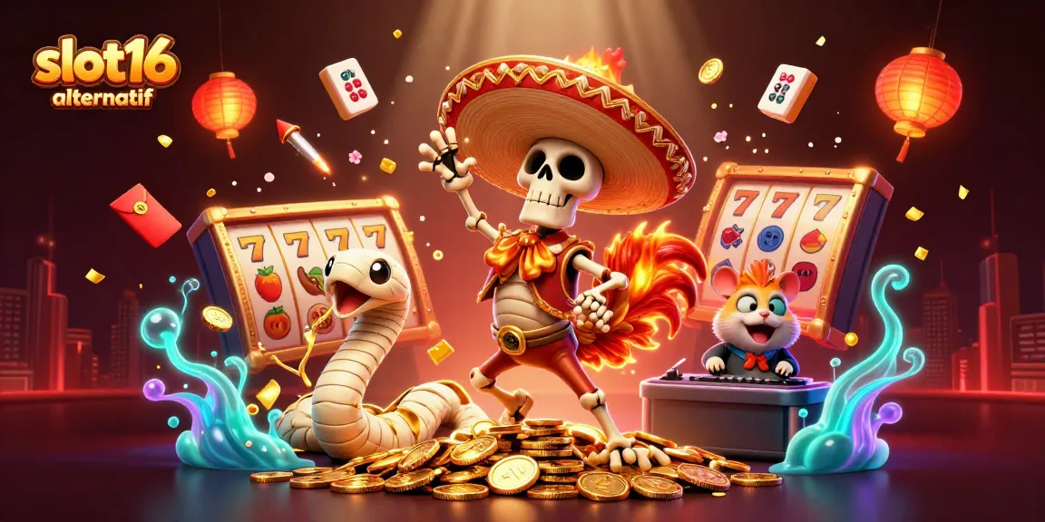 Experience the excitement of slot16 alternatif with our festive casino illustration featuring vibrant characters and symbols.