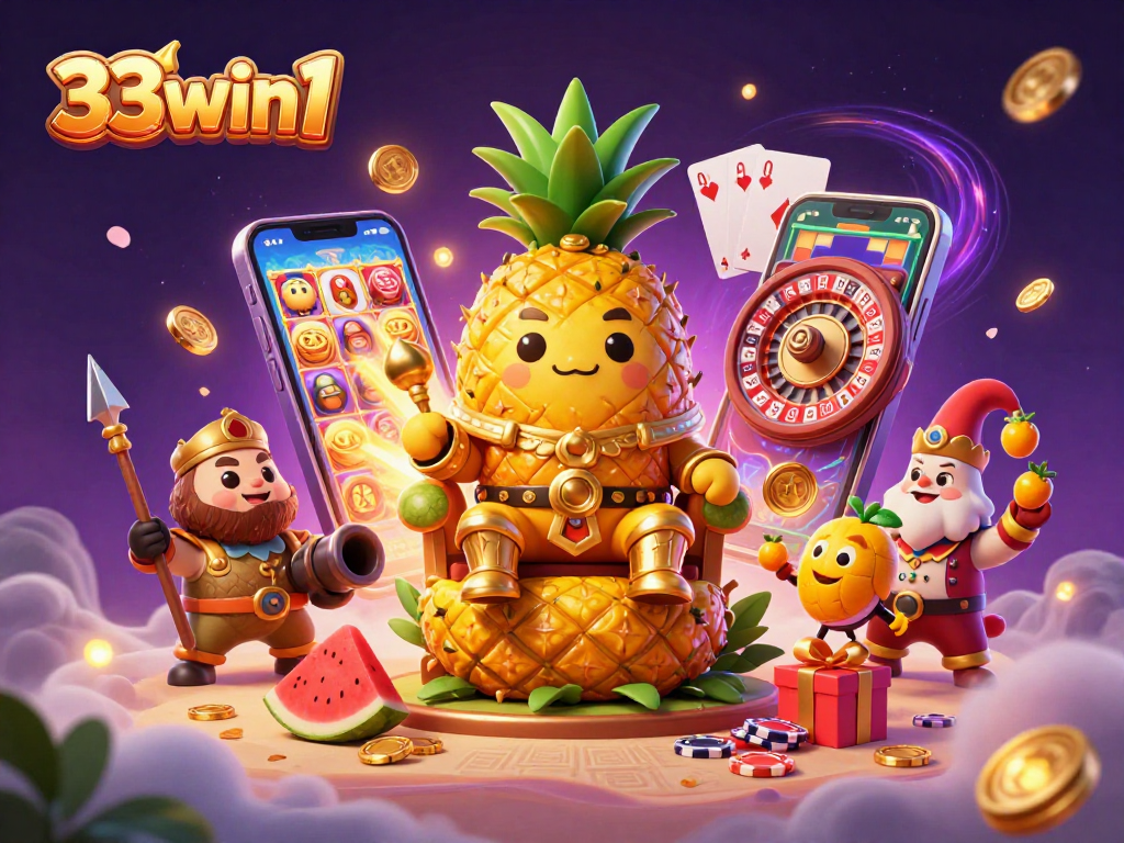 Engage with the vibrant 33win1 casino scene featuring a golden pineapple king and lively game elements.