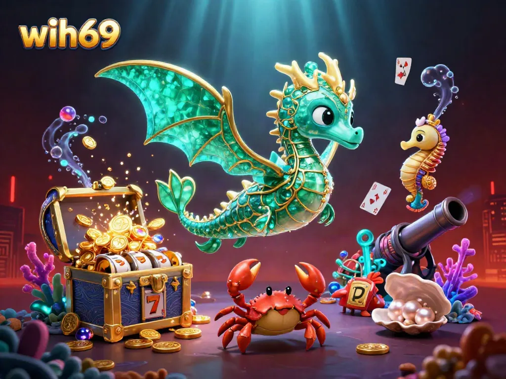 Permainan menarik di wih69 menunjukkan naga laut 3D yang elegan di antara slot dan perhiasan bawah laut.