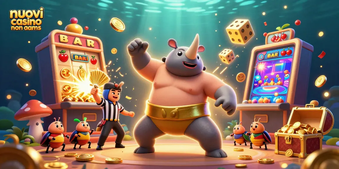 Migliori casino non AAMS con un campione di sumo scarabeo e un arbitro cricket che annunciano vincite, circondati da slot machine e casualità divertente.