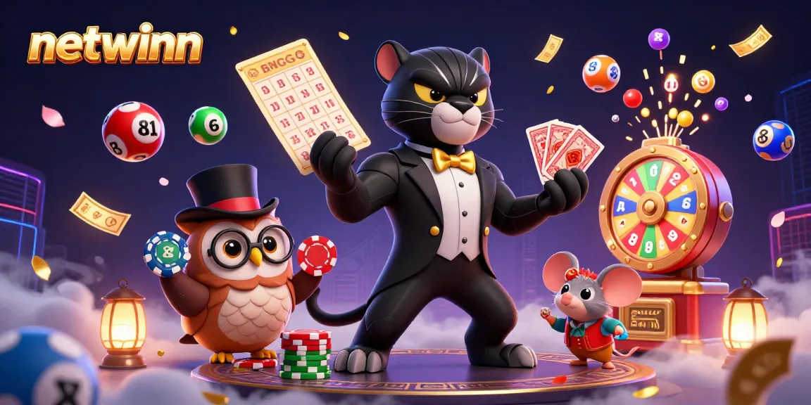 Netwinn engages players as a stylish panther deals cards in a vibrant casino scene.