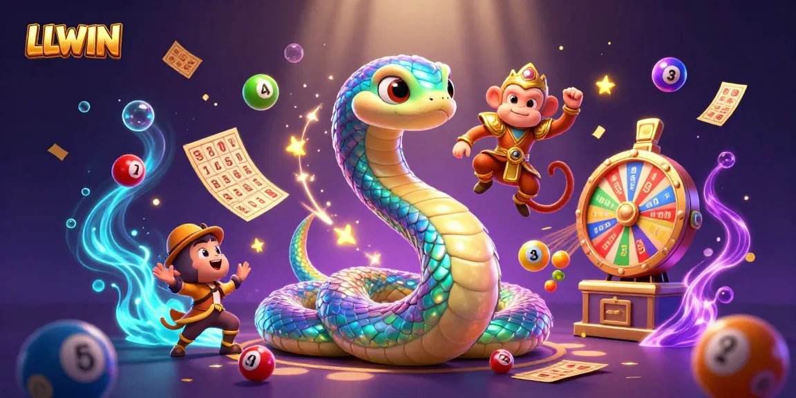 Join the fun at LLWIN with a thrilling illustration of a colorful casino scene featuring lucky symbols.
