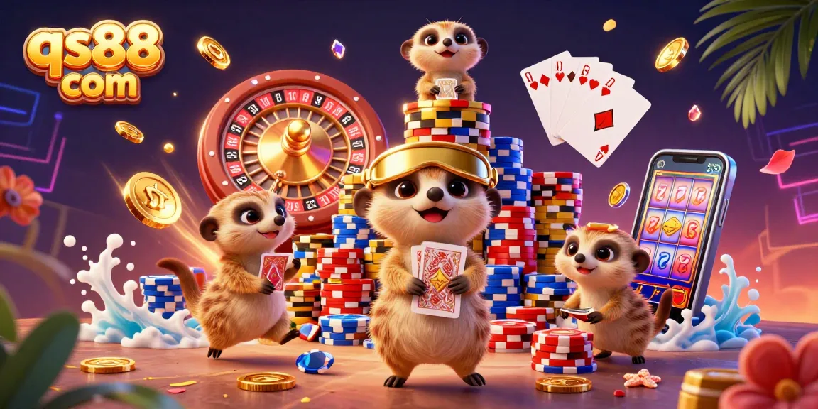 Experience the excitement of qs88 com with meerkats managing a vibrant casino, filled with dynamic game elements and visuals.
