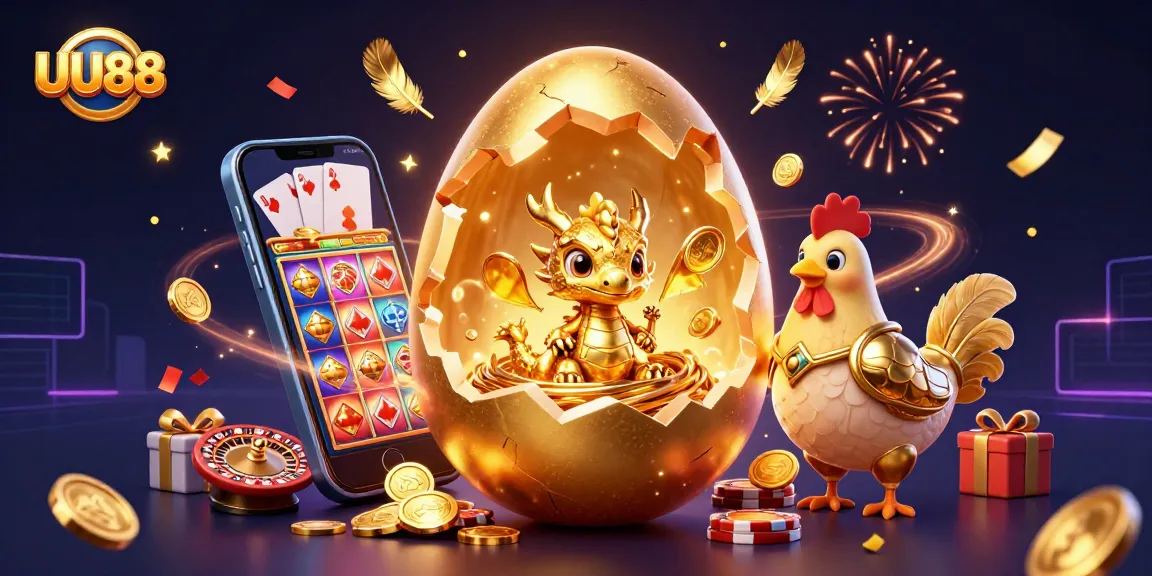 Experience thrilling wins at UU88 with a golden dragon guarding poker chips and a colorful slots game.