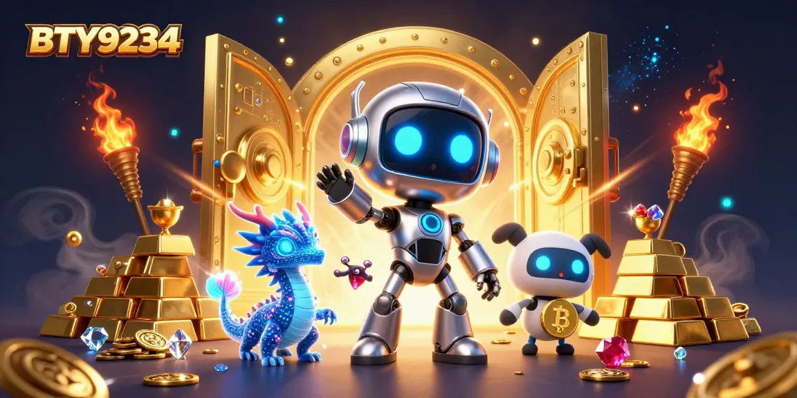 Join the excitement with BTY9234 as our cyberpunk robot mascot and dragon companion unlock treasures in a vibrant casino scene.