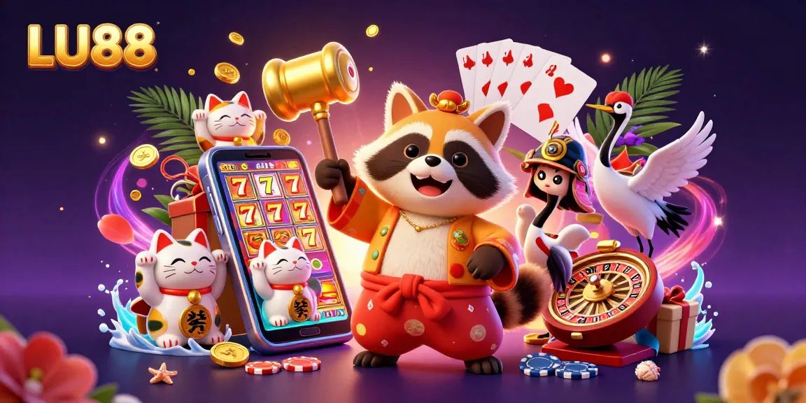 LU88 slot game action with cheerful tanuki, lucky mallet, and colorful fortune cats.