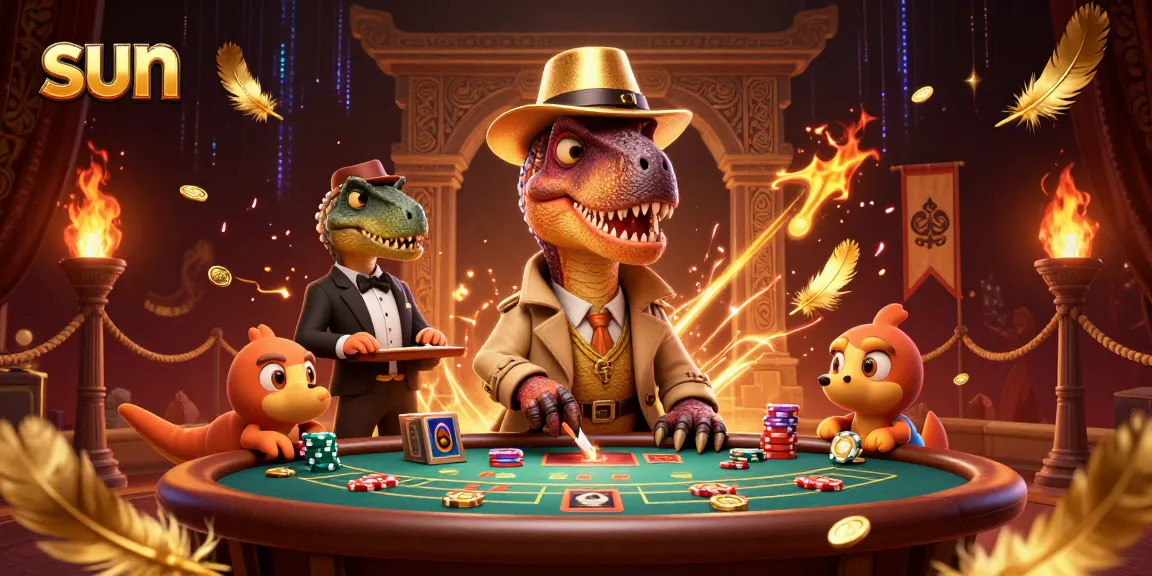 Velociraptor at a blackjack table under the sun with chips being stolen, vibrant casino scene.