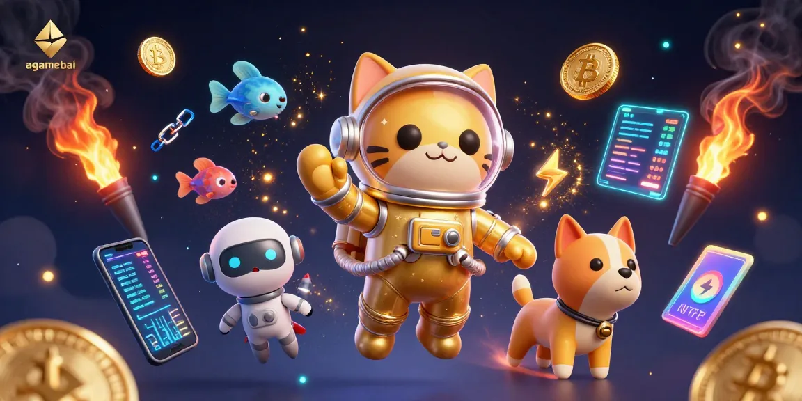 Engage with agamebai as a 3D astronaut cat interacts with cosmic crypto coins in a vibrant game scene.