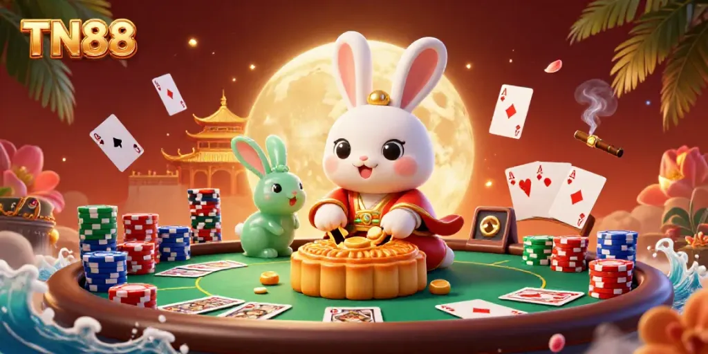 Experience the excitement of TN88 with a moon rabbit revealing poker chips, set against a vibrant casino backdrop.
