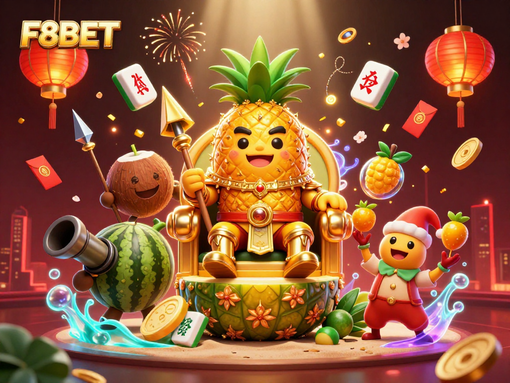 Experience the thrill of F8BET with a lively casino scene featuring a golden pineapple king.