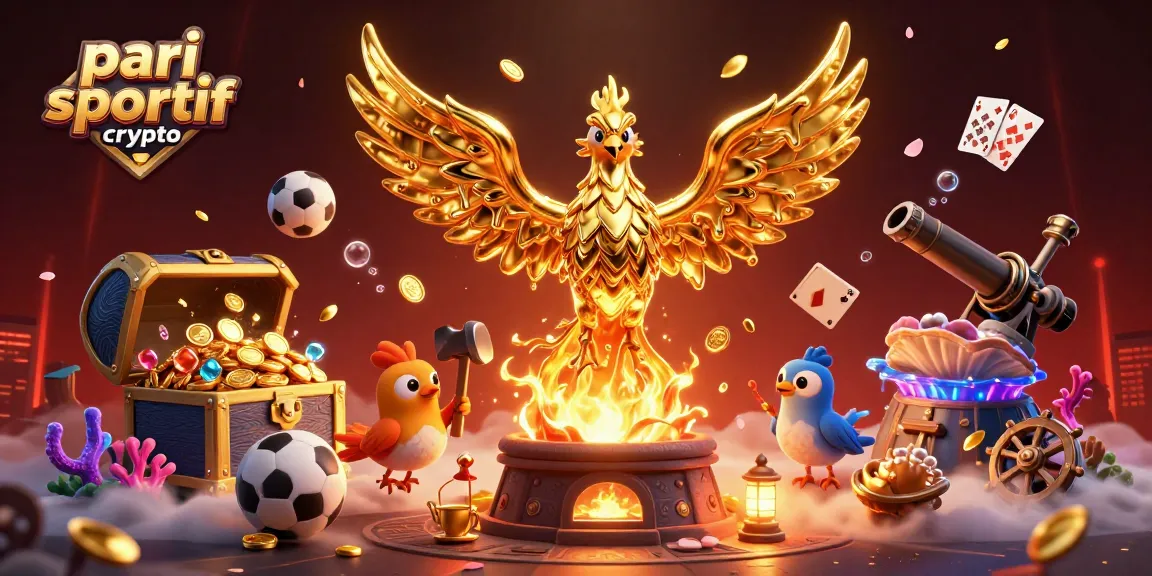 Pari sportif crypto : mise en scène dynamique de paris sportifs avec un phoenix doré et éléments de jeu captivants.