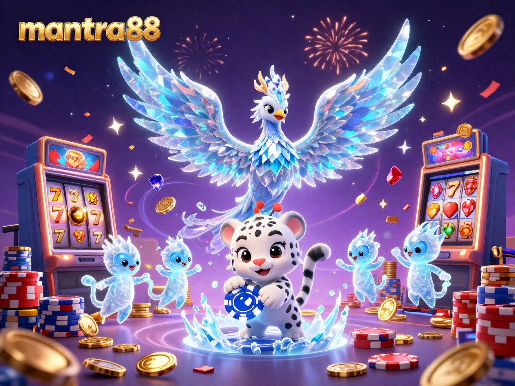 Engage with mantra88's rich gaming experience featuring a vibrant 3D illustration of slot gaming and winning moments.