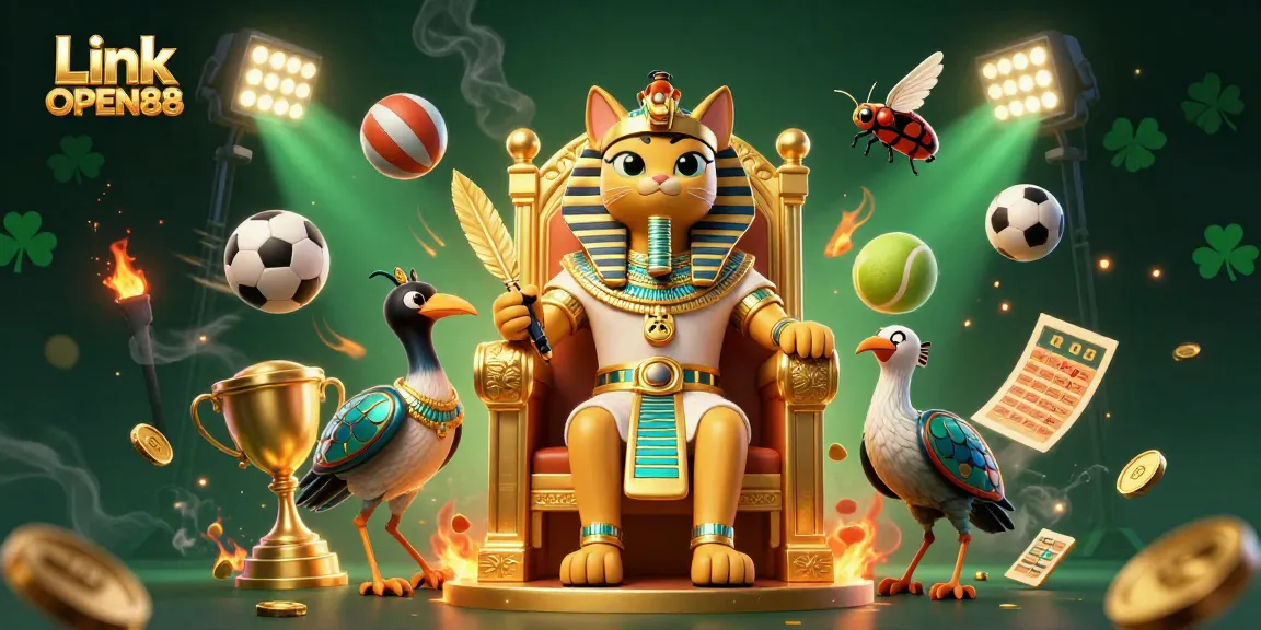 Engage with thrilling odds at Link OPEN88, featuring vibrant sports elements and ancient Egyptian characters.