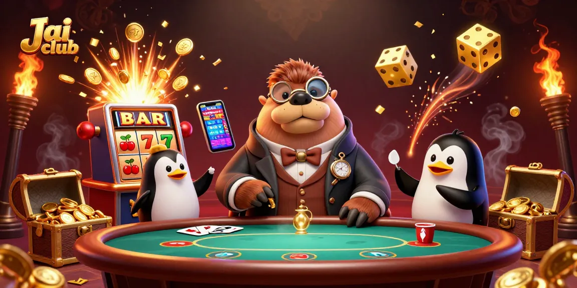 Experience the thrill of Jai club with a jolly walrus at an underwater poker game, surrounded by vibrant casino elements.