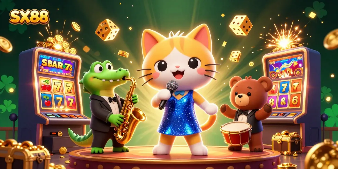 SX88 engages players with dynamic slot machines and vibrant casino characters in a thrilling gaming scene.
