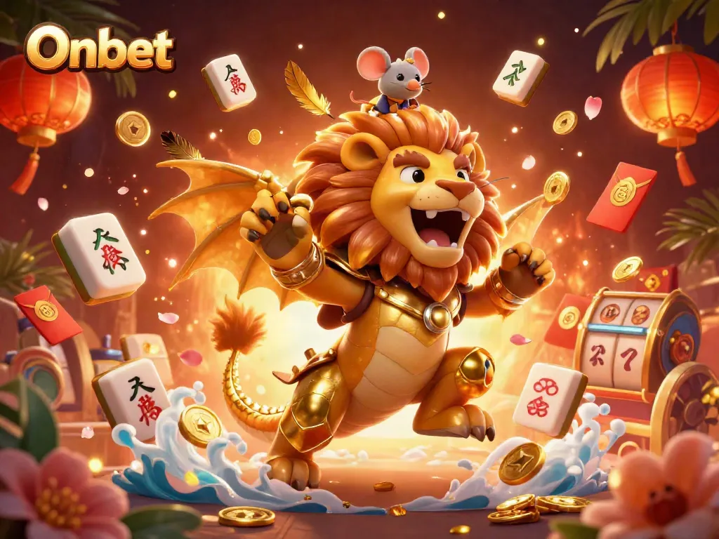 Onbet presents an epic casino-themed scene with a chimera and a mouse jockey amidst festive gambling elements.
