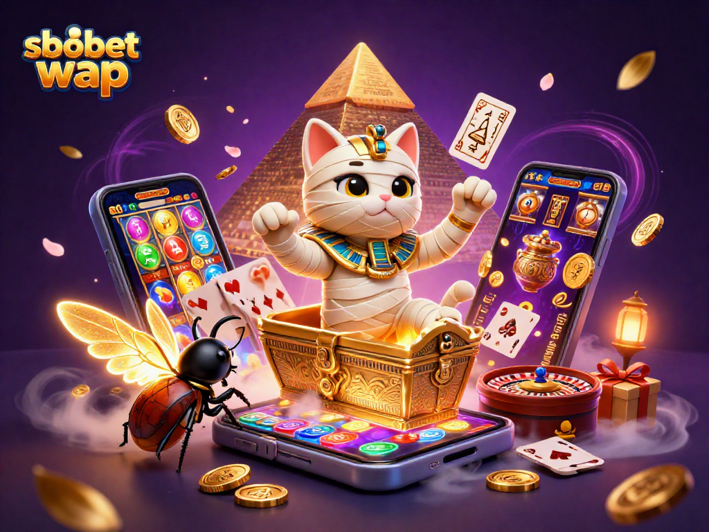 Engage in sbobet wap with a vibrant scene of gambling excitement featuring unique characters.