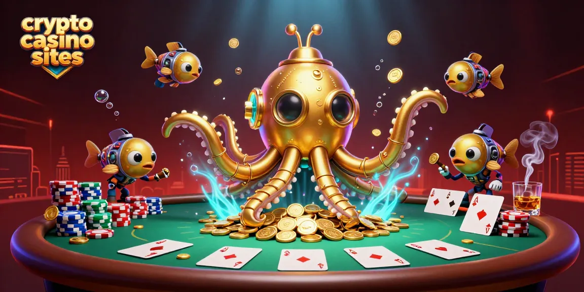 Jugando en sitios de casino cripto, un submarino kraken dorado rodeado de monedas y fichas.